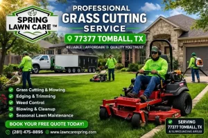 Professional grass cutting service 77377 crew performing lawn maintenance near Tomball Parkway