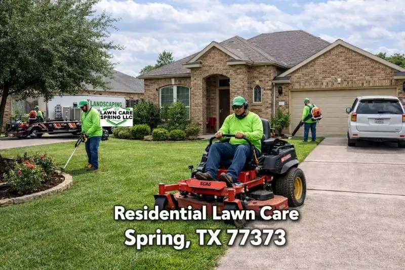 Professional grass cutting service 77373 team mowing a lawn in a Spring TX residential neighborhood near Mercer Botanic Gardens.
