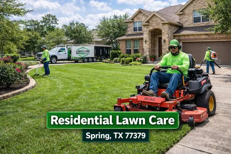 Residential-Lawn-Care-Spring-TX-77379 Professional grass cutting service 77379 team mowing a large residential lawn in the Gleannloch Farms neighborhood