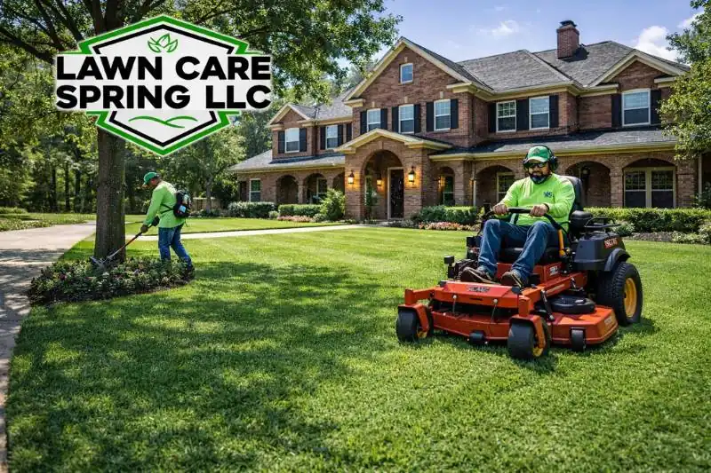 Professional grass cutting service 77383 team mowing a residential lawn near Spring High School in Spring TX.