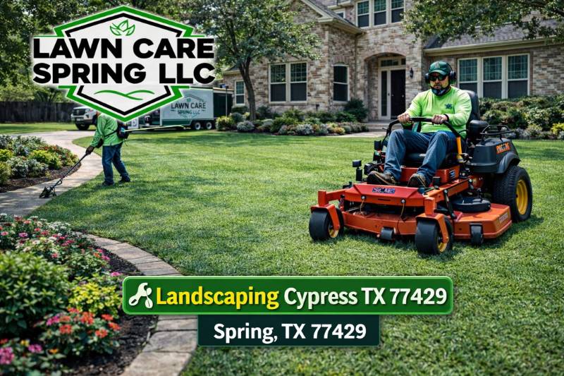 Professional grass cutting service 77429 team performing residential yard maintenance near Coles Crossing in Cypress TX.