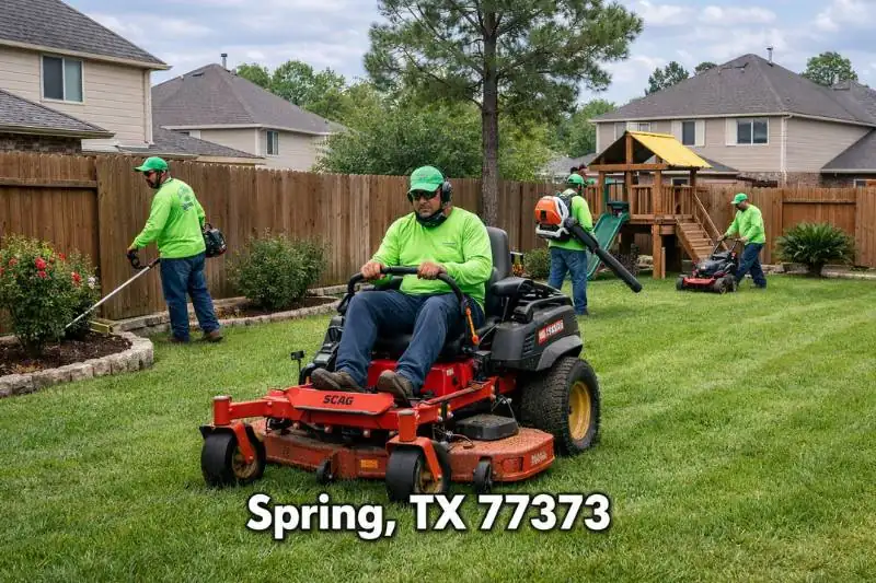 Professional lawn mowing service team working on a residential backyard in Spring, TX 77373.
