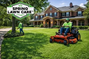 Professional grass cutting service 77383 team mowing a residential lawn near Spring High School in Spring TX.