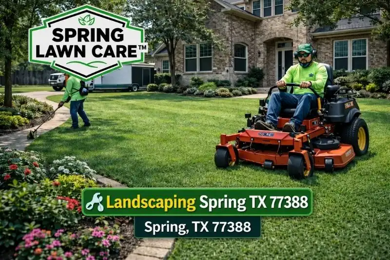 lawn-care-in-77388 Professional grass cutting service 77388 team mowing a residential lawn in the Cypresswood neighborhood of Spring TX.