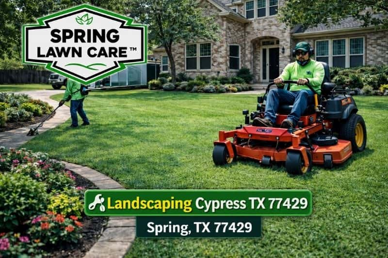 lawn-care-in-77429 Professional grass cutting service 77429 team performing residential yard maintenance near Coles Crossing in Cypress TX.