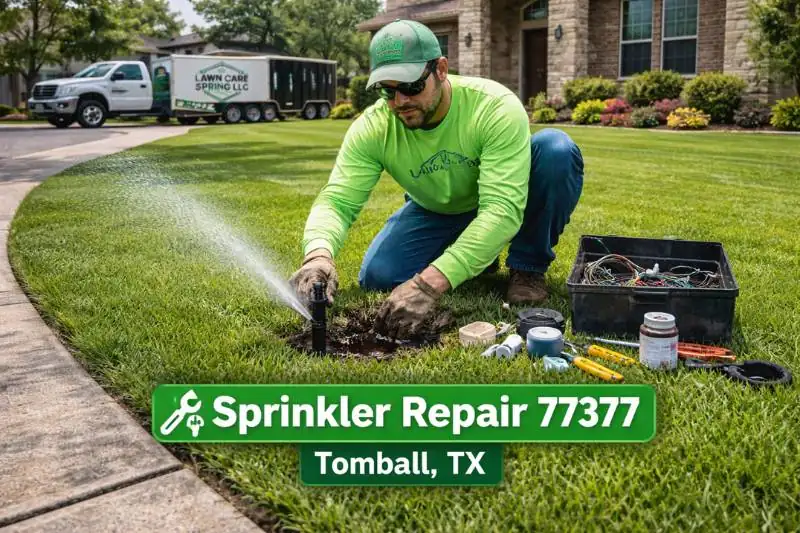Technician performing sprinkler repair 77377 on an irrigation system in Tomball TX