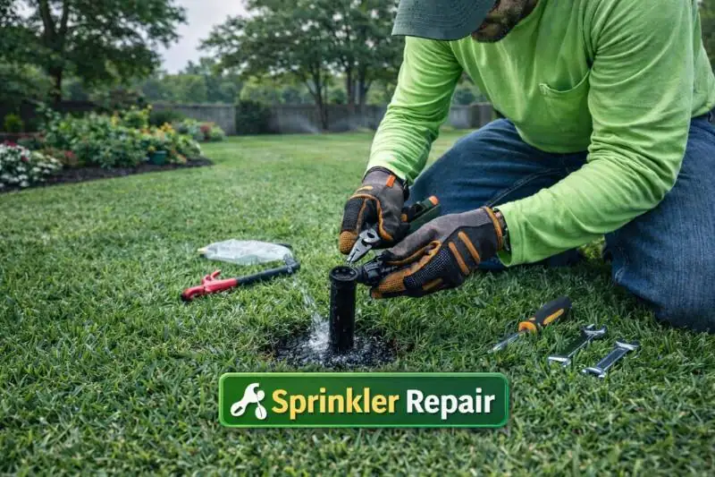 Professional irrigation technician performing sprinkler head repair in a Louetta residential backyard.