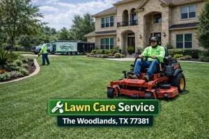 Professional grass cutting service 77381 team mowing a residential lawn in Panther Creek near The Woodlands TX.